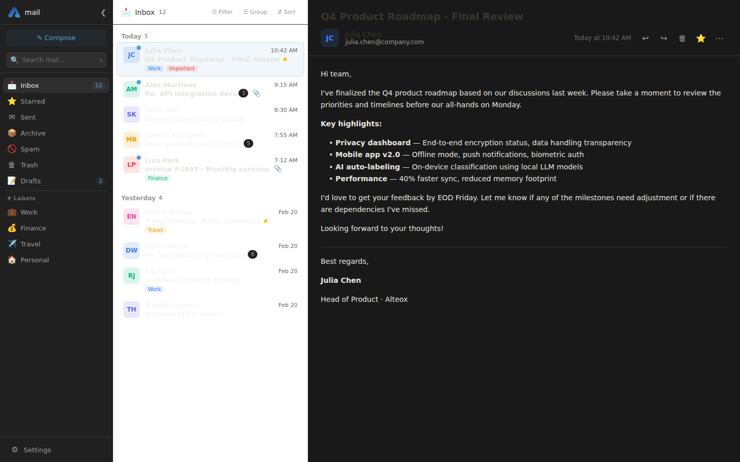 Alteox Mail interface